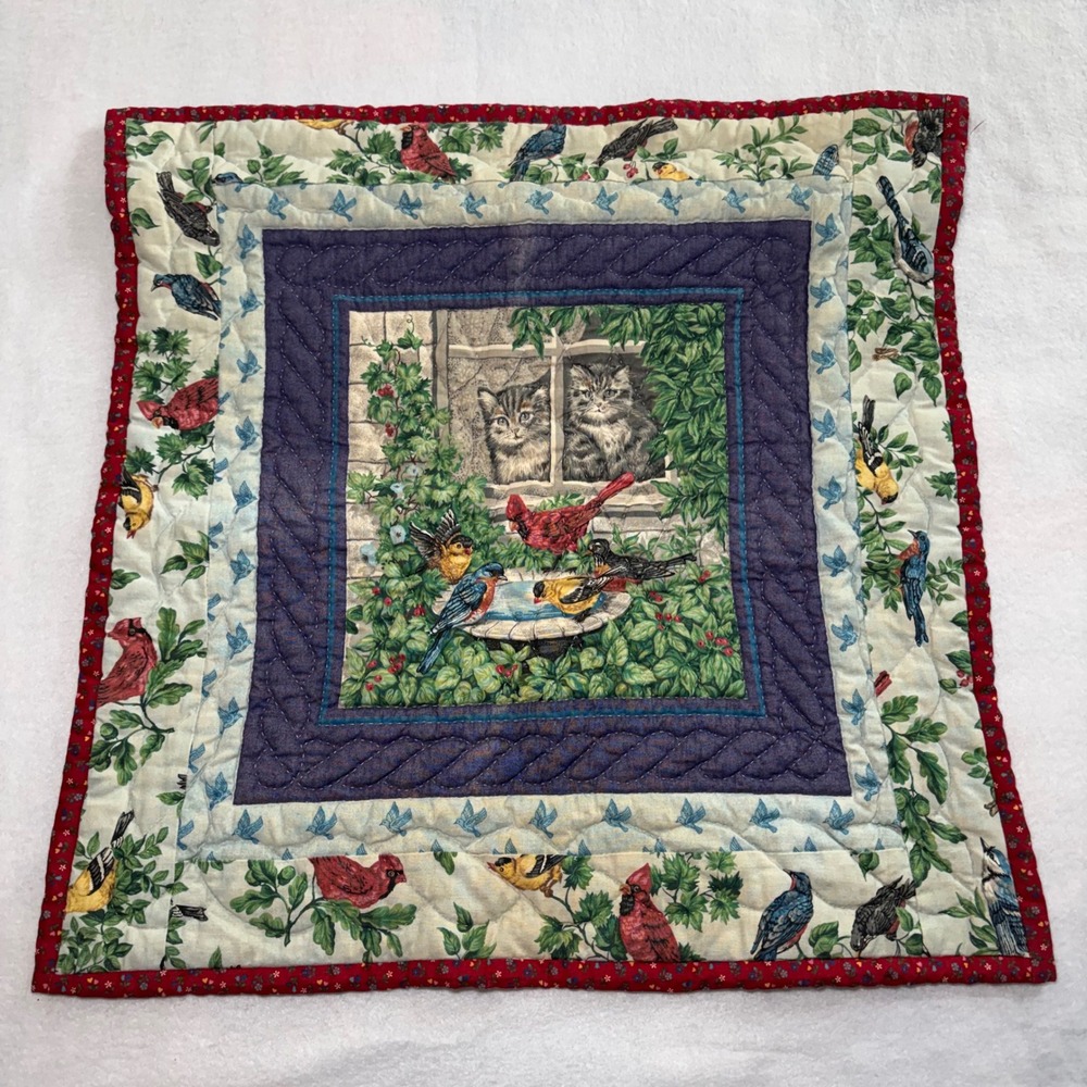 Handmade Quilted Cats Wall Hanging Birds Birdbath Nature Scene 20x20 Cottage 90s